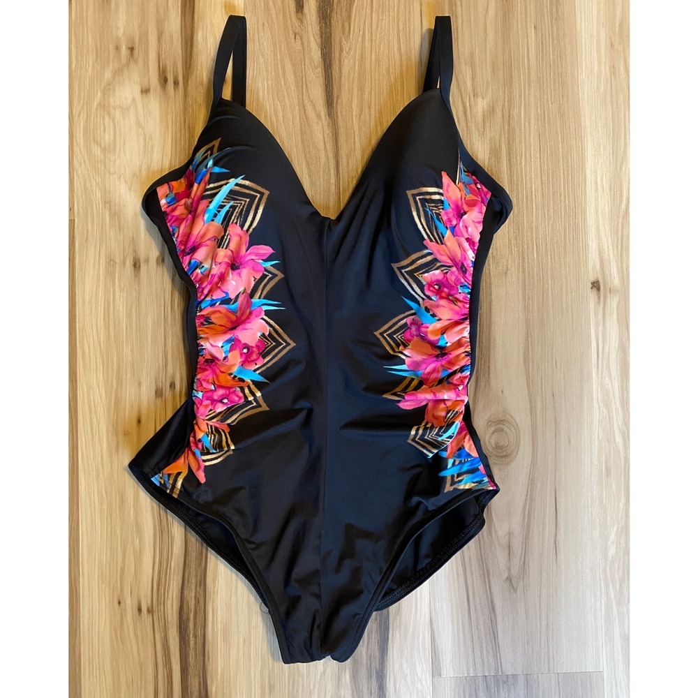 Miraclesuit Tropica Temptress One-Piece Swimsuit Black Floral Gold Slimming 10